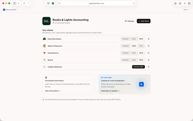 The Play by Entries dashboard listing connected accounting clients